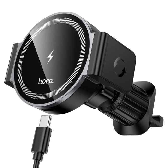 Автотримач для телефона з БЗП HOCO HW35 Power electric magnetic wireless fast charging car holder(air outlet) Black (6942007660792)