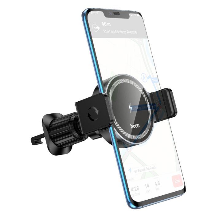 Автотримач для телефона з БЗП HOCO HW35 Power electric magnetic wireless fast charging car holder(air outlet) Black (6942007660792)