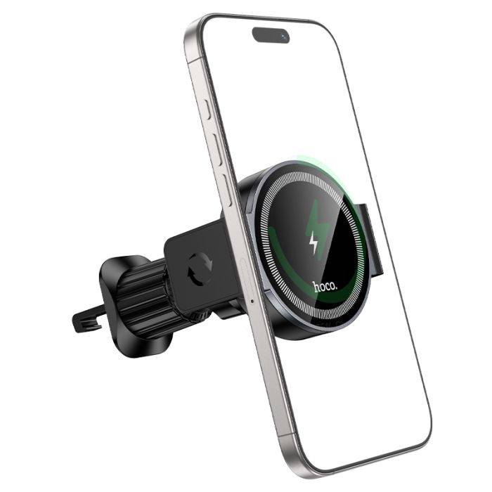 Автотримач для телефона з БЗП HOCO HW35 Power electric magnetic wireless fast charging car holder(air outlet) Black (6942007660792)