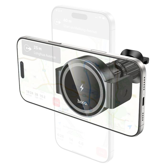 Автотримач для телефона з БЗП HOCO HW35 Power electric magnetic wireless fast charging car holder(air outlet) Black (6942007660792)