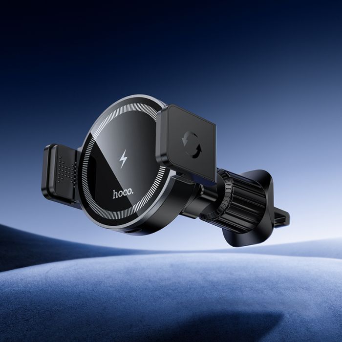 Автотримач для телефона з БЗП HOCO HW35 Power electric magnetic wireless fast charging car holder(air outlet) Black (6942007660792)