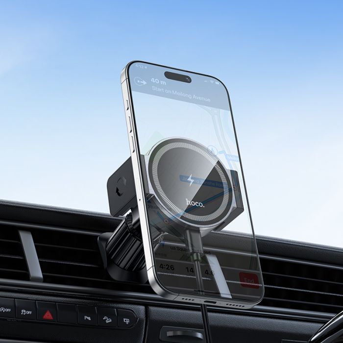 Автотримач для телефона з БЗП HOCO HW35 Power electric magnetic wireless fast charging car holder(air outlet) Black (6942007660792)