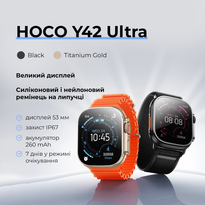 Смарт-годинник HOCO Y42 Ultra 53mm. 260 mAh. IP67 Smart watch(call version) titanium gold (6942007675307)