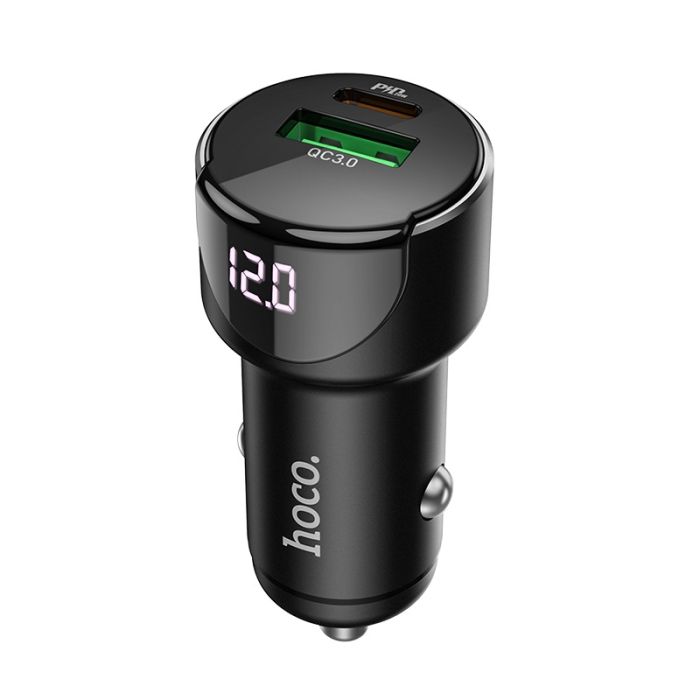 Автомобільний зарядний пристрій HOCO Z42 Light road dual port digital display PD20W+QC3.0 car charger Black (6931474742544)