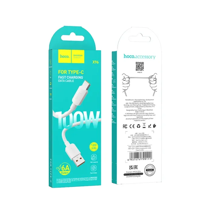 Кабель HOCO X96 Hyper 100W charging data cable Type-C White (6931474799111)