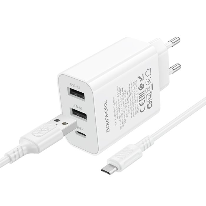 Мережевий зарядний пристрій з кабелем BOROFONE BA105A Stellar three-port charger set (Micro) (EU) White (6941991125294)