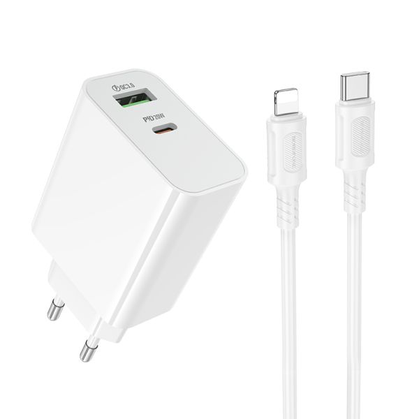 Мережевий зарядний пристрій з кабелем BOROFONE BA106A Stellar PD20W+QC3.0 charger set (C to iP) (EU) White (6941991125324)