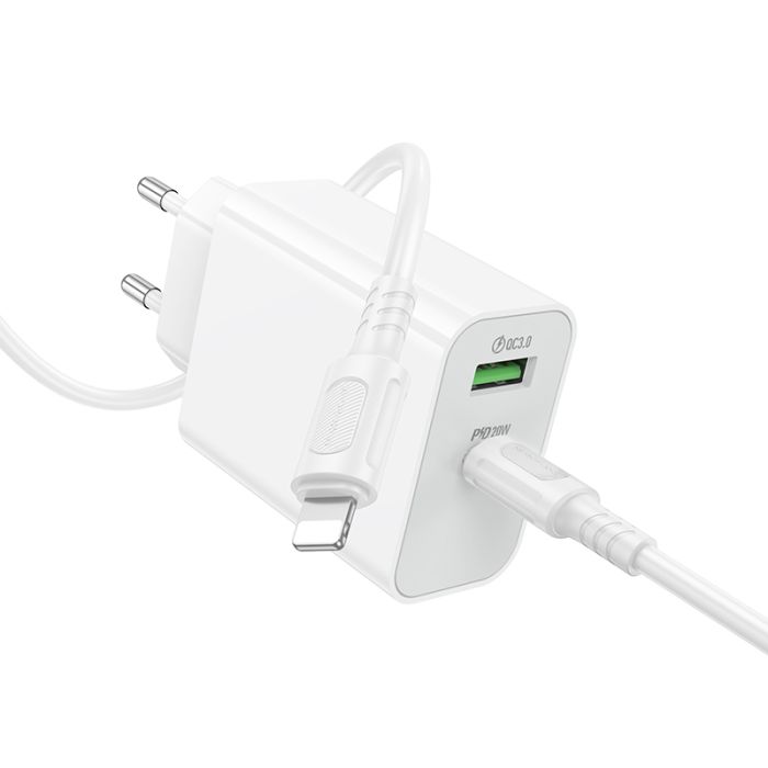 Мережевий зарядний пристрій з кабелем BOROFONE BA106A Stellar PD20W+QC3.0 charger set (C to iP) (EU) White (6941991125324)
