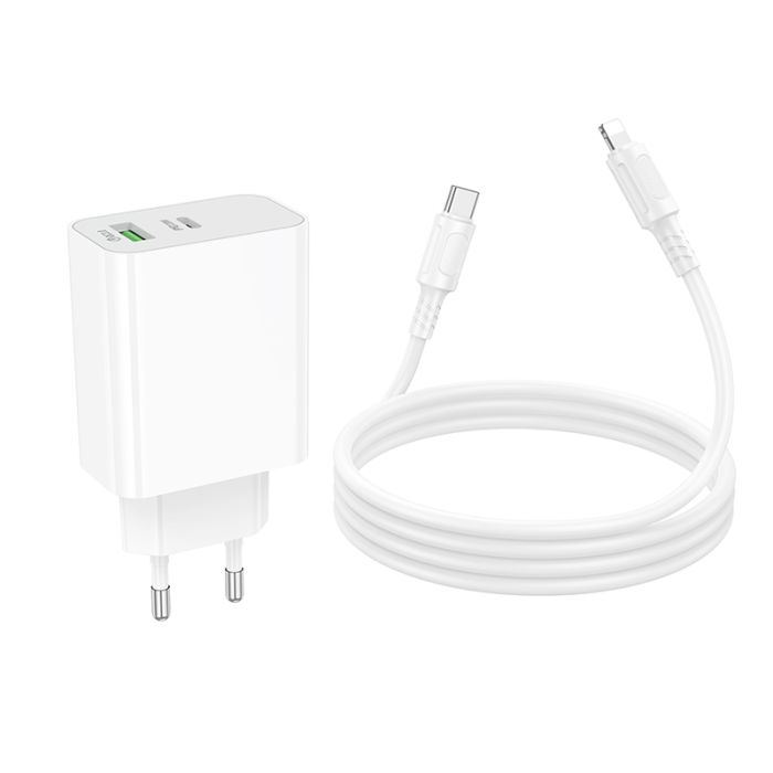 Мережевий зарядний пристрій з кабелем BOROFONE BA106A Stellar PD20W+QC3.0 charger set (C to iP) (EU) White (6941991125324)