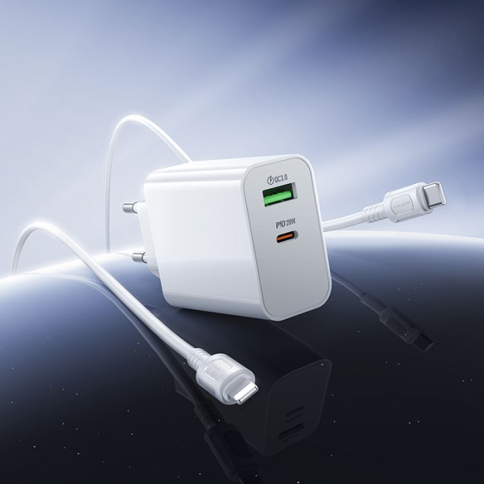 Мережевий зарядний пристрій з кабелем BOROFONE BA106A Stellar PD20W+QC3.0 charger set (C to iP) (EU) White (6941991125324)