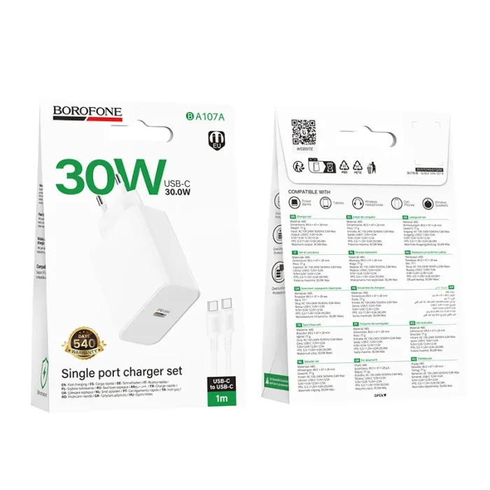 Мережевий зарядний пристрій BOROFONE BA107A Stellar single port PD30W charger set (C to C) (EU) White (6941991125362)