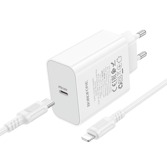 Мережевий зарядний пристрій з кабелем BOROFONE BA107A Stellar single port PD30W charger set (C to iP) (EU) White (6941991125355)