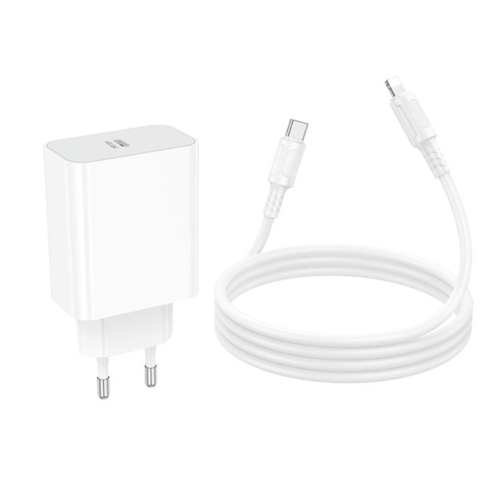 Мережевий зарядний пристрій з кабелем BOROFONE BA107A Stellar single port PD30W charger set (C to iP) (EU) White (6941991125355)