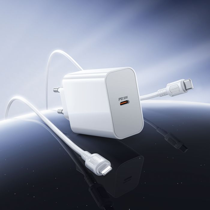 Мережевий зарядний пристрій з кабелем BOROFONE BA107A Stellar single port PD30W charger set (C to iP) (EU) White (6941991125355)