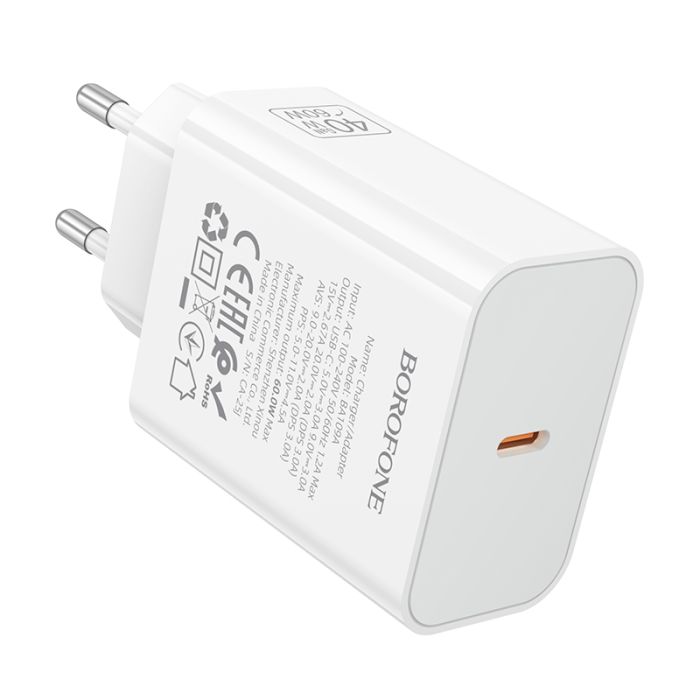 Мережевий зарядний пристрій BOROFONE BA109A Star single port PD40W charger (EU) White (6941991126888)