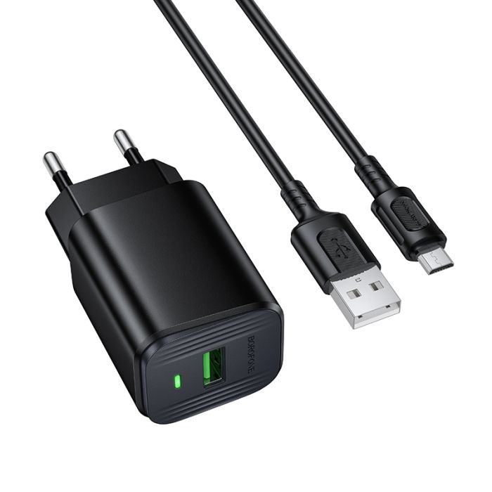 Мережевий зарядний пристрій з кабелем BOROFONE BAS82A Star single port QC3.0 charger set (Micro) (EU) Black (6941991126727)