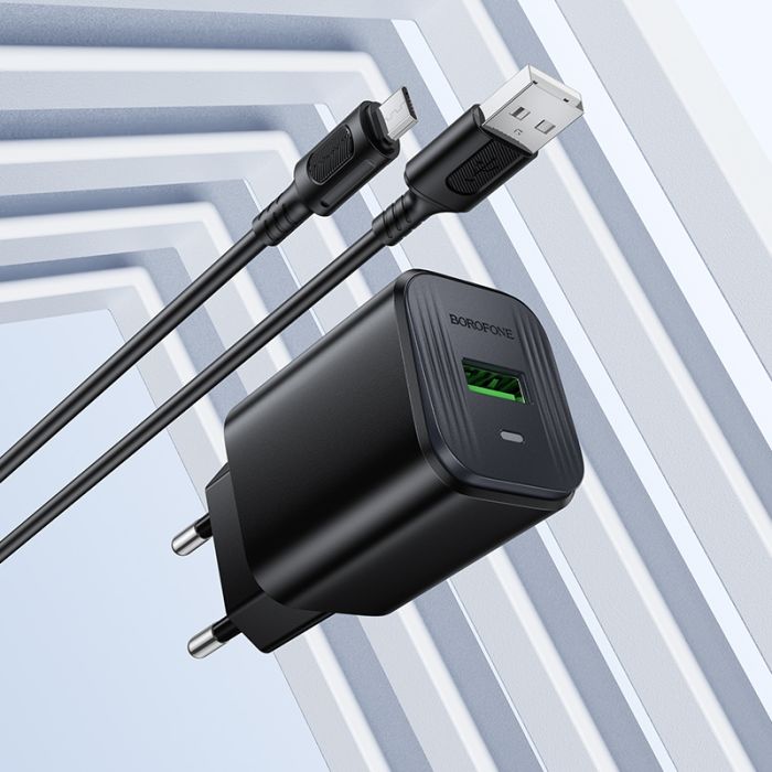 Мережевий зарядний пристрій з кабелем BOROFONE BAS82A Star single port QC3.0 charger set (Micro) (EU) Black (6941991126727)