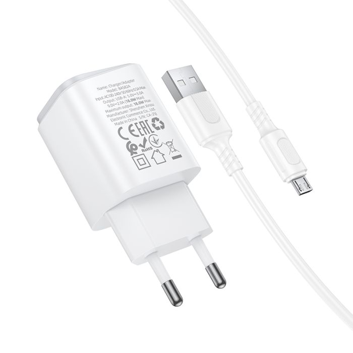 Мережевий зарядний пристрій з кабелем BOROFONE BAS82A Star single port QC3.0 charger set (Micro) (EU) White (6941991126734)