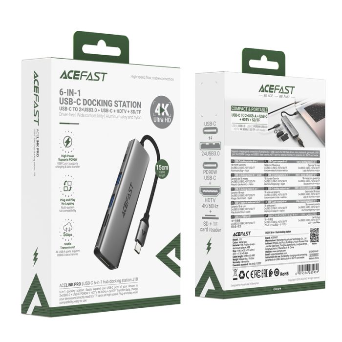 USB-хаб ACEFAST J18 USB-C 6-in-1 HUB docking station Metal Gray (6974316285939)