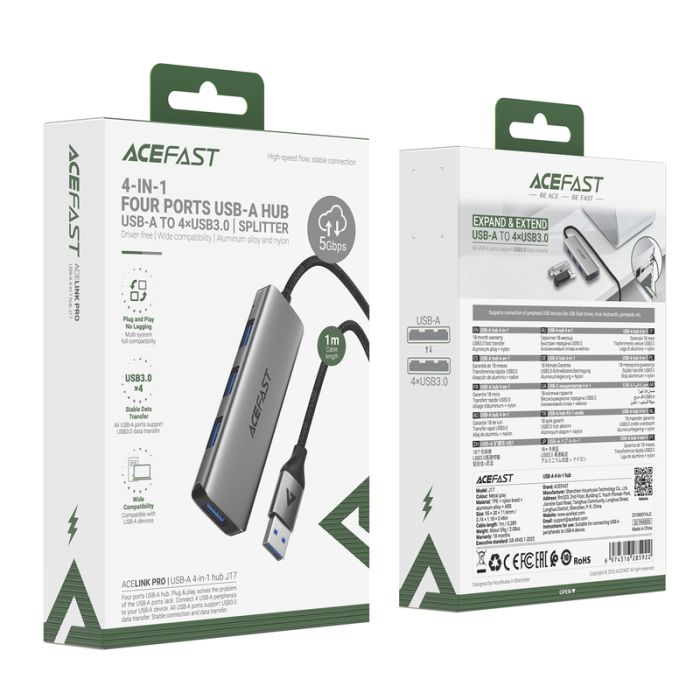 USB-хаб ACEFAST J17 USB-A  4-in-1 HUB Metal Gray (6974316285922)