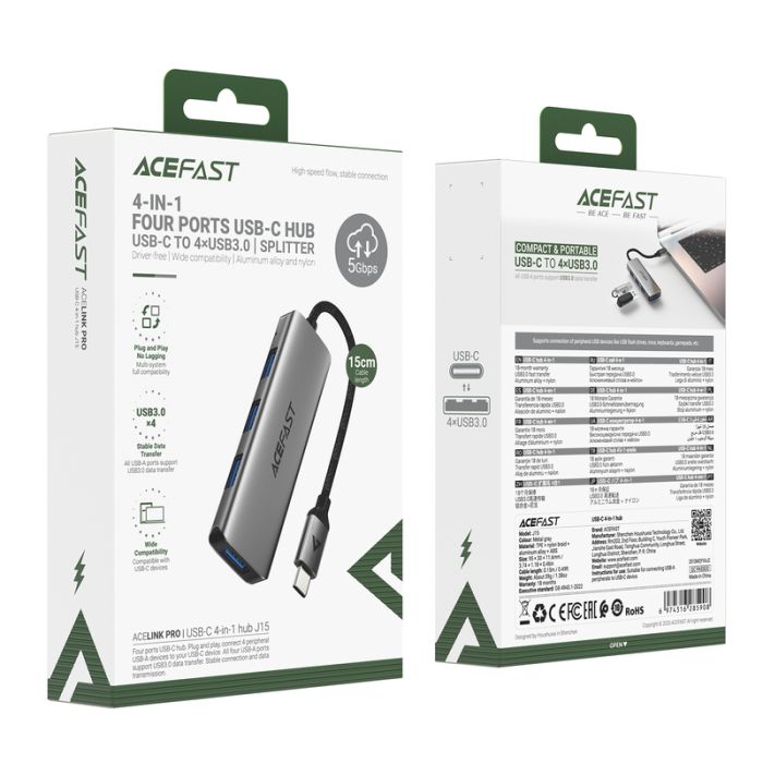 USB-хаб ACEFAST J15 USB-C 4-in-1 HUB Metal Gray (6974316285908)