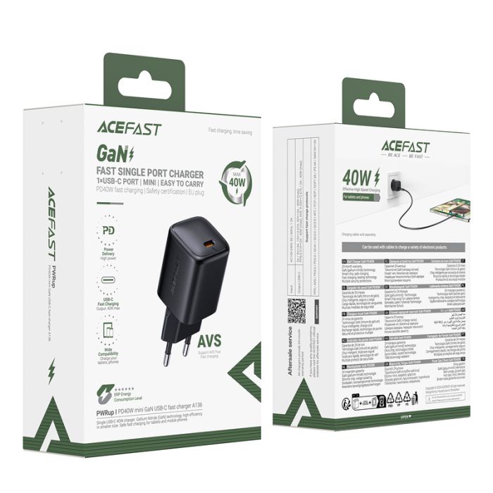 Мережевий зарядний пристрій ACEFAST A136 PD40W mini GaN USB-C fast charger Black (6974316286233)