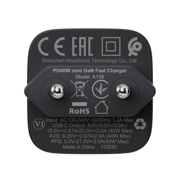 Мережевий зарядний пристрій ACEFAST A136 PD40W mini GaN USB-C fast charger Black (6974316286233)