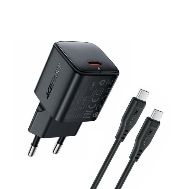 Мережевий зарядний пристрій з кабелем ACEFAST A117 PD20W mini GaN fast charger set(P16),black  Black (6974316286509)