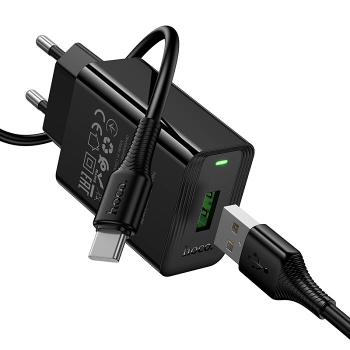Мережевий зарядний пристрій HOCO CS92A Leader single port QC3.0 charger set(Type-C) Black (6942007671057)