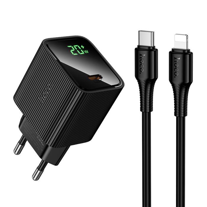 Мережевий зарядний пристрій HOCO CS82A Excellent single port PD20W charger with digital display set(C to iP) Black (6942007664509)