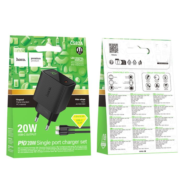 Мережевий зарядний пристрій HOCO CS82A Excellent single port PD20W charger with digital display set(C to iP) Black (6942007664509)