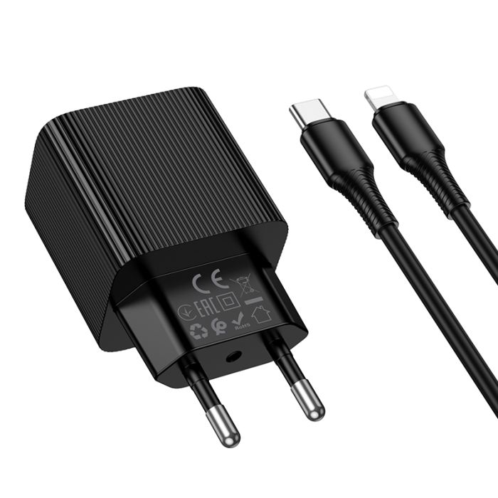 Мережевий зарядний пристрій HOCO CS82A Excellent single port PD20W charger with digital display set(C to iP) Black (6942007664509)