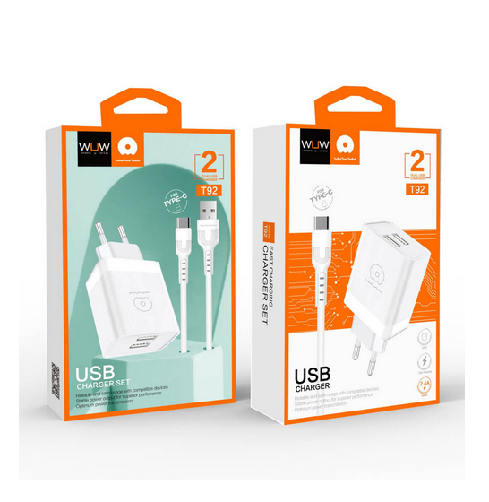 Мережевий зарядний пристрій з кабелем WUW-T92 2USB/2.4A set type-c (6972573337682)