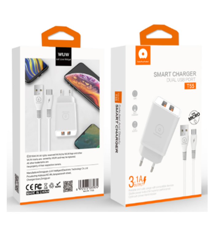 Мережевий зарядний пристрій з кабелем WUW-T55 2USB/3.1A set IP (6972573333998)