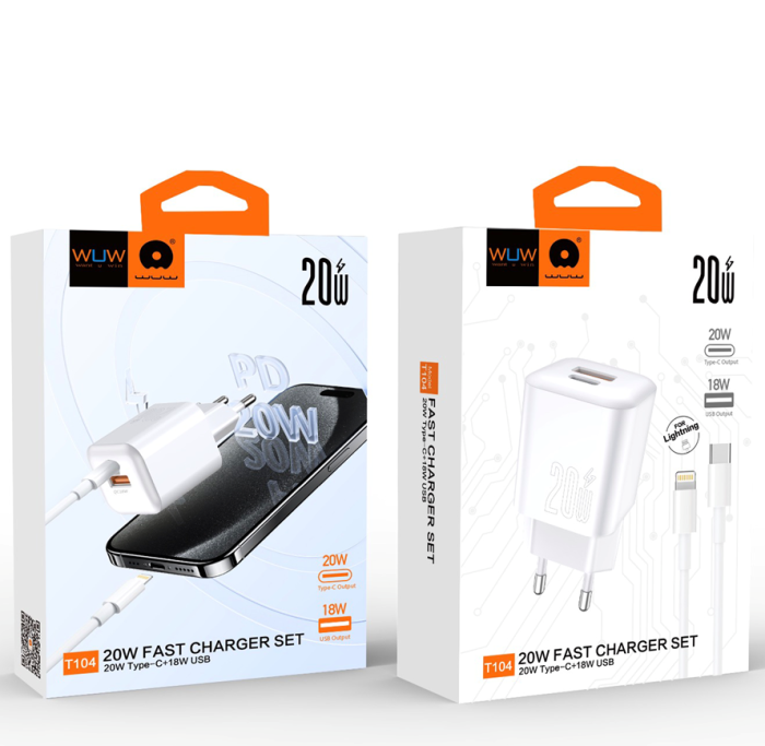 Мережевий зарядний пристрій з кабелем WUW-T104L PD20W A+C  Lightning kit (6978749570631)