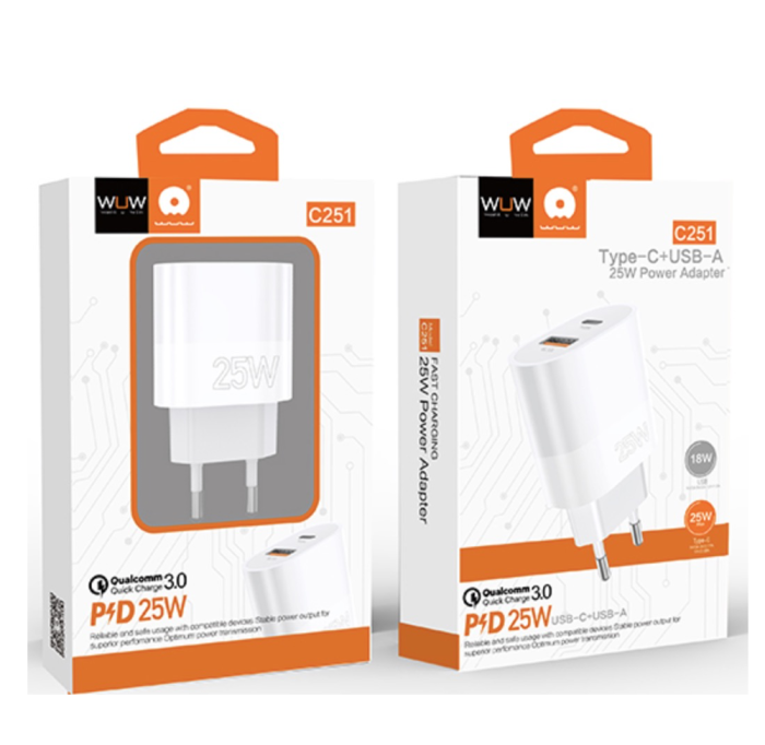 Мережевий зарядний пристрій WUW-C251 25W PD USB-C + USB QC3.0 18W (6972573338641)