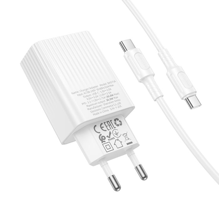 Мережевий зарядний пристрій з кабелем BOROFONE BAS75A Source single port PD30W charger set (C to C) (EU)White (6941991122866)