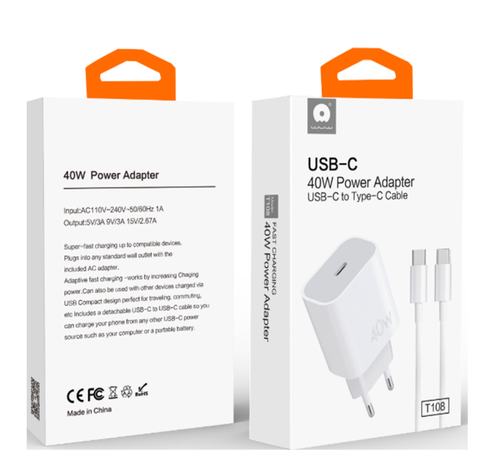 Мережевий зарядний пристрій з кабелем WUW-T108 PD 40W charger with C-C cable (6978749570358)