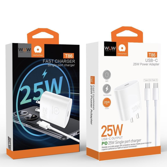 Мережевий зарядний пристрій з кабелем WUW-T86C PD 25W fast charger + USB C to USB C cable set (6972573338030)