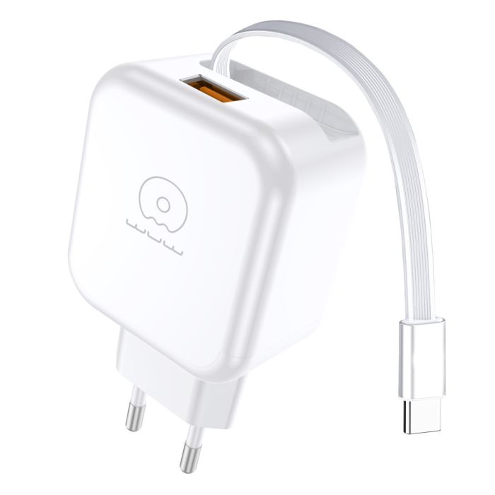 Мережевий зарядний пристрій з кабелем WUW-C268 12W fast charger USB A +retractable 70cm type c Cable (6978749570044)