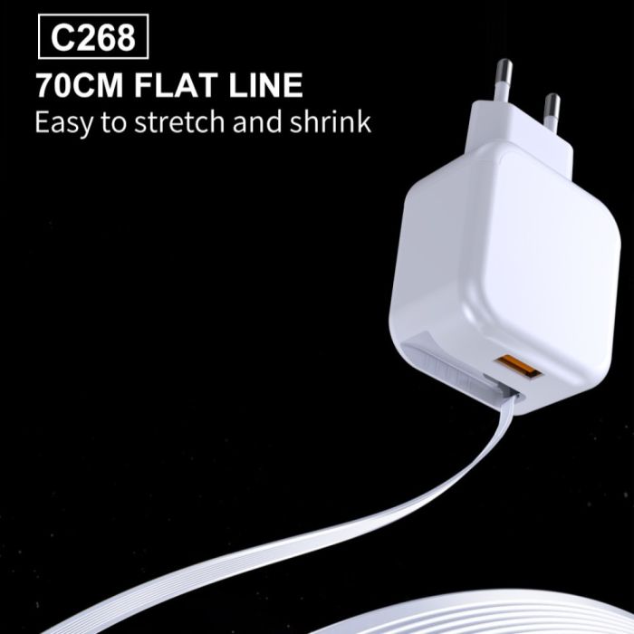Мережевий зарядний пристрій з кабелем WUW-C268 12W fast charger USB A +retractable 70cm type c Cable (6978749570044)