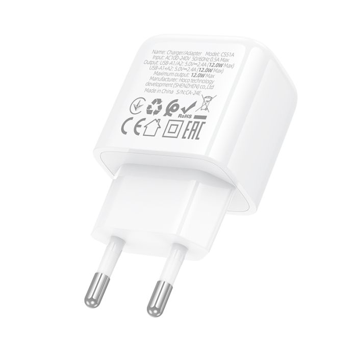 Мережевий зарядний пристрій HOCO CS51A Surplus dual-port charger(EU) White (6942007631419)