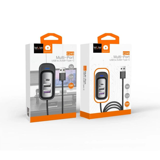 USB-хаб WUW-C245 3-in-1 USB-A  to 2 USB-A, USB-C Black (6972573338511)