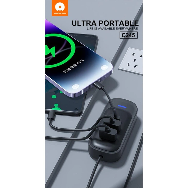 USB-хаб WUW-C245 3-in-1 USB-A  to 2 USB-A, USB-C Black (6972573338511)