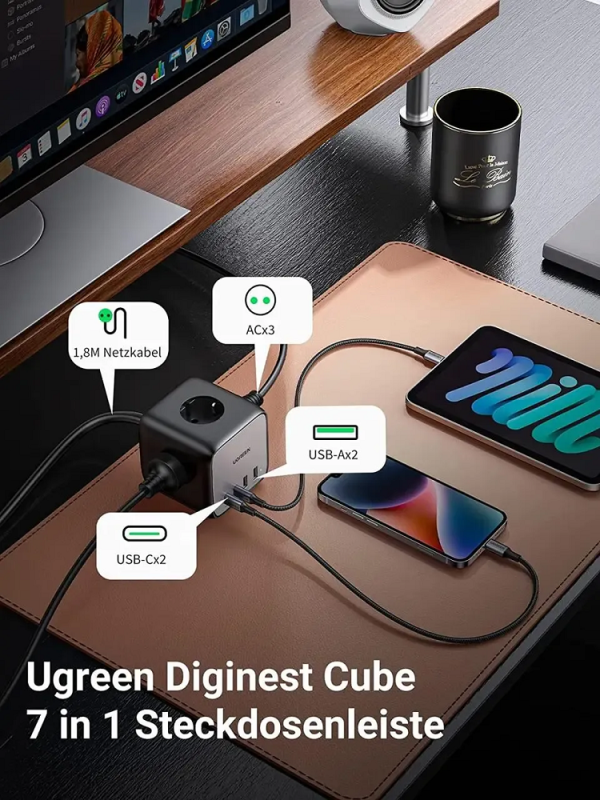 Мережевий зарядний пристрій UGREEN CD268 65W DigiNest Cube (2C2A) (UGR-60113) (UGR-60113)