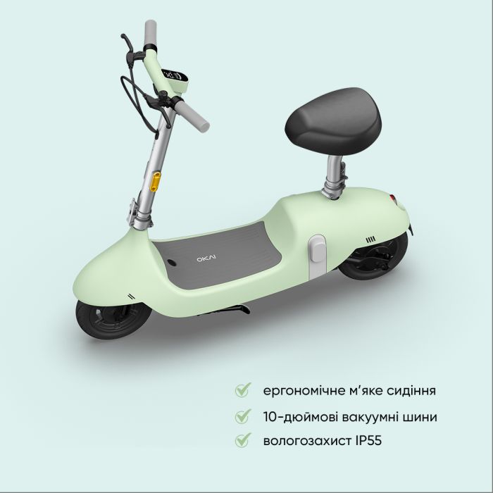 Електросамокат з сидінням OKAI Ceetle PRO EA10C Mint Green 10', 350(900)W, 25Km/h, 10.4Ah, 55Km, 20%,NFC, App, 29kg (EA10C-MG)