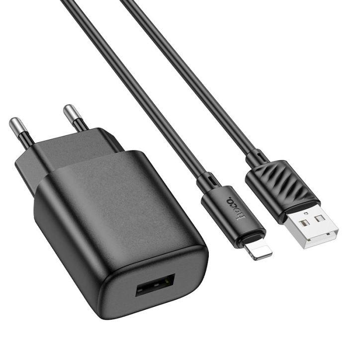 Мережевий зарядний пристрій з кабелем HOCO C134A Solid single-port charger set (iP) (EU) Black (6942007621311)