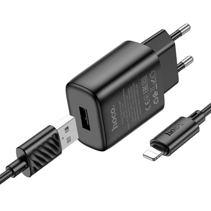 Мережевий зарядний пристрій з кабелем HOCO C134A Solid single-port charger set (iP) (EU) Black (6942007621311)
