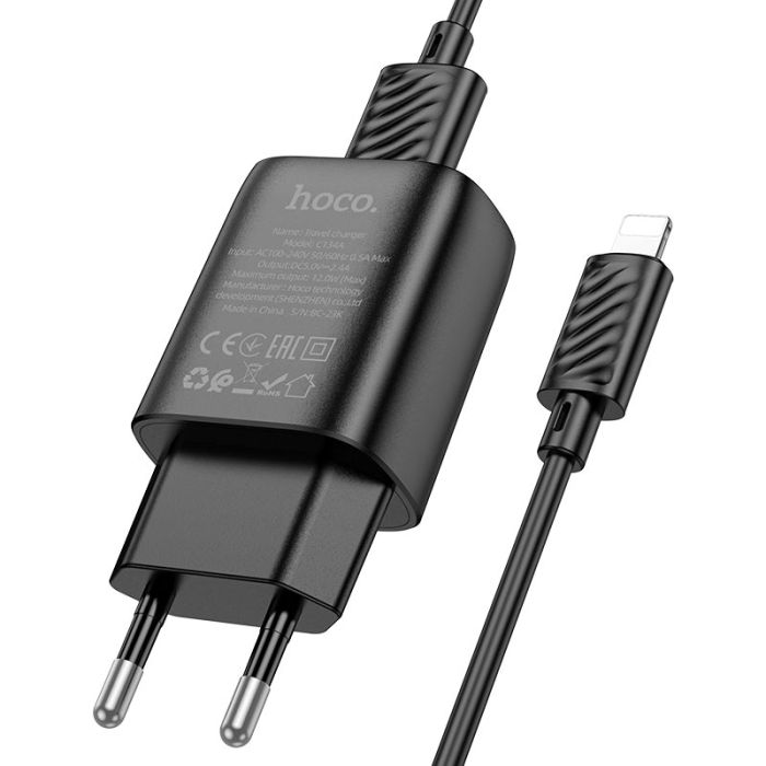 Мережевий зарядний пристрій з кабелем HOCO C134A Solid single-port charger set (iP) (EU) Black (6942007621311)