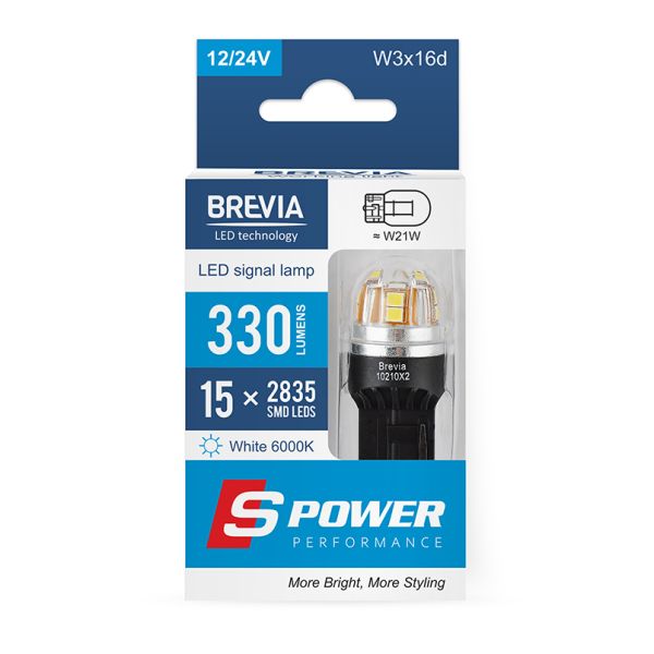 Brevia S-Power W21W 330Lm 15x2835SMD 12/24V CANbus, 2шт (10210X2)